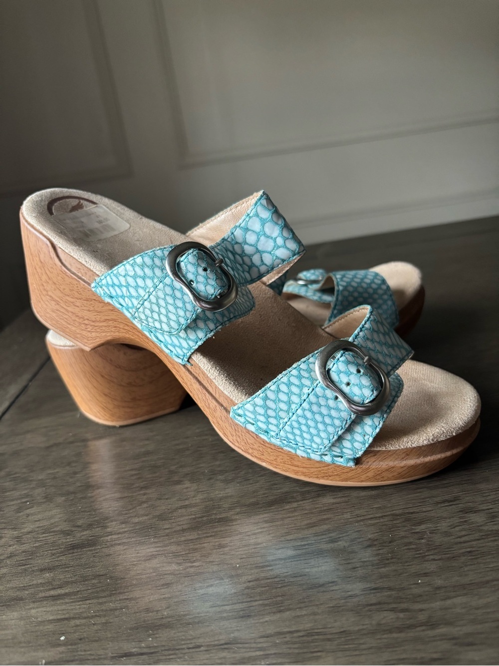 Light Blue Faux-Snakeskin Buckle Clog Sandals - Women size 41